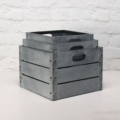Zinc Antique Grey Whitewash Square Crate Set of 3