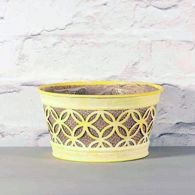 Yellow Metal Planter with Hessian 16.3cm