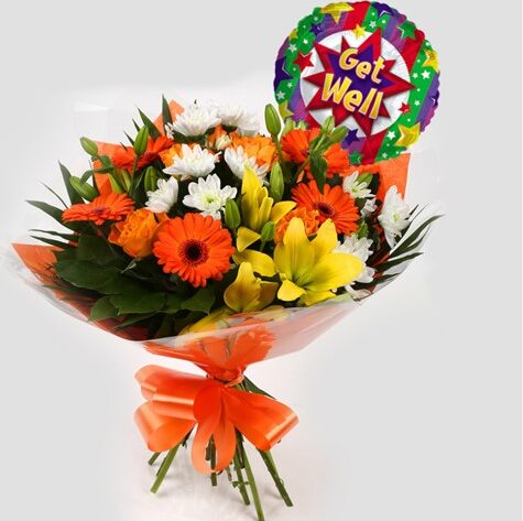 Get Well Balloon & Orange Burst Bouquet